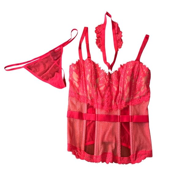 Victorias Secret Red Lace & Mesh Bustier Set 36D XL - Picture 3 of 10
